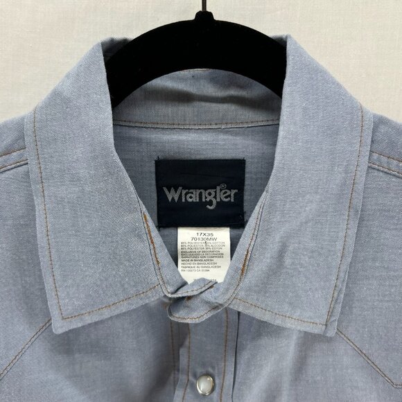 Wrangler Western Work Shirt Sz 17x35 Cowboy Cut Pearl Snap Pockets Chambray Blue - Picture 11 of 13